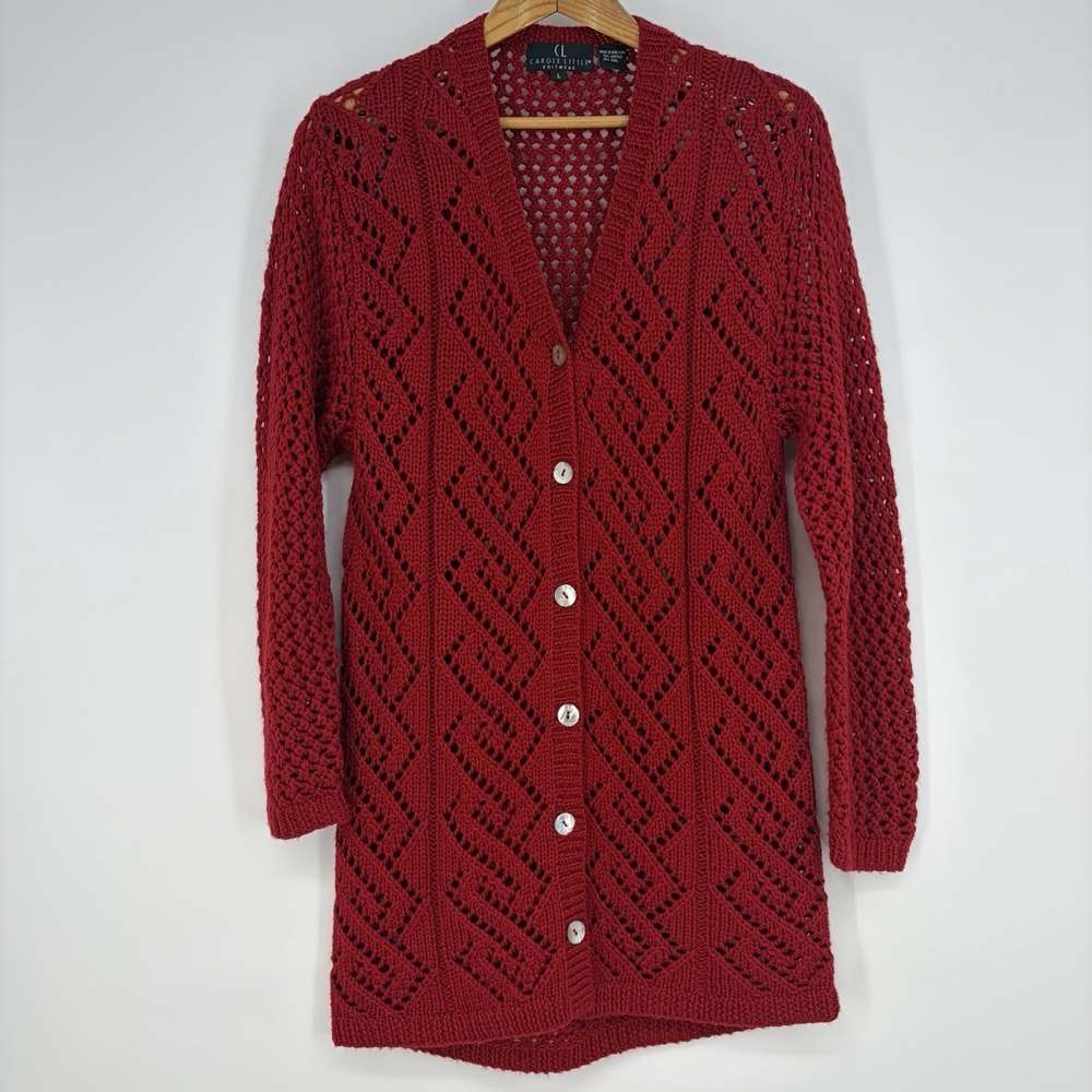 Carole Little Red Crochet Cardigan Sweater L Cottagecore Open-knit Granny Holida
